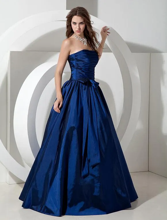 Vestido de Dama de Honor 2023 Largo Royal Azul Tafetán Vestido de Noche Longitud de Piso sin Tirantes A Línea Plisado Vestido Prom