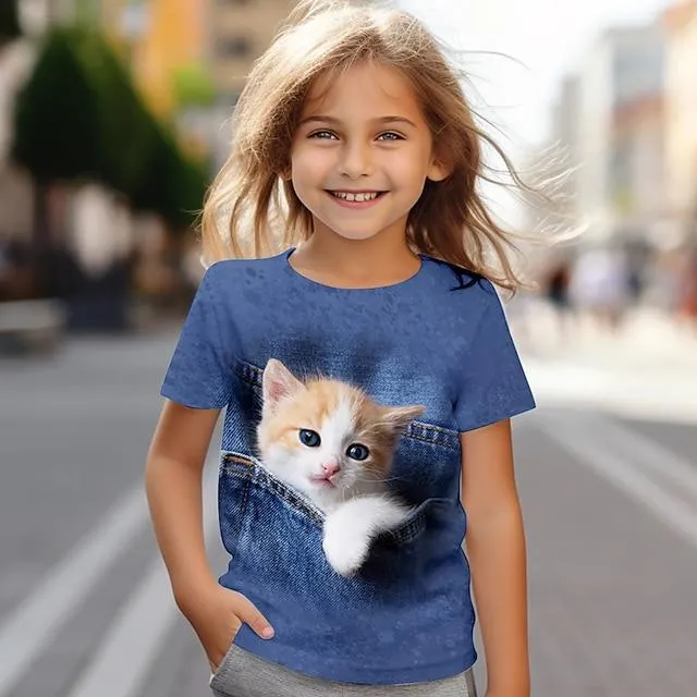 Chica 3D Gato Camiseta Camisas Manga Corta Impresión 3D Verano Activo Moda Estilo lindo Poliéster Niños 3-12 años Cuello Barco Exterior Casual Diario Ajuste regular