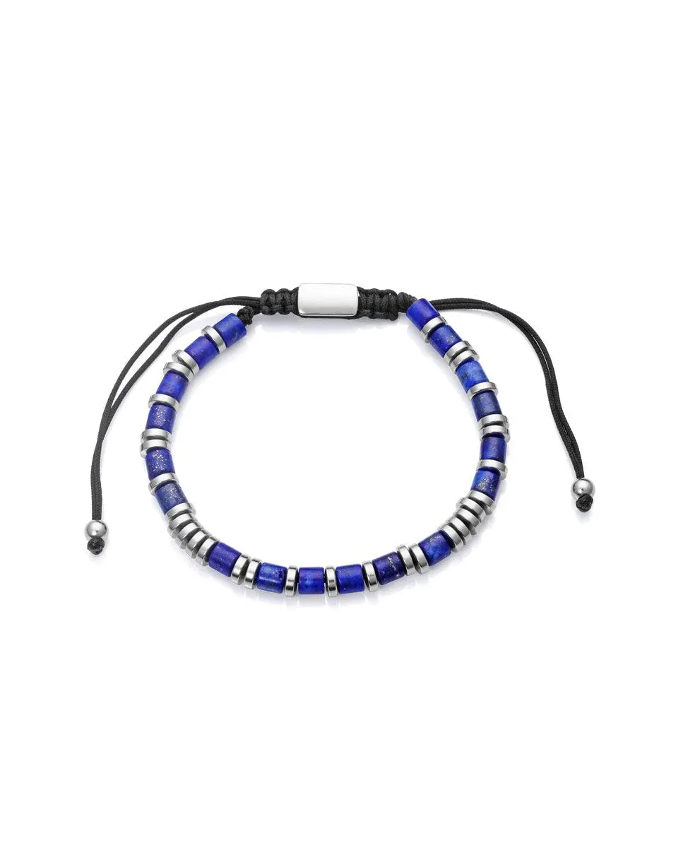 Pulsera Magnum de acero con piedra natural lapis en tonos azules y cordón negro