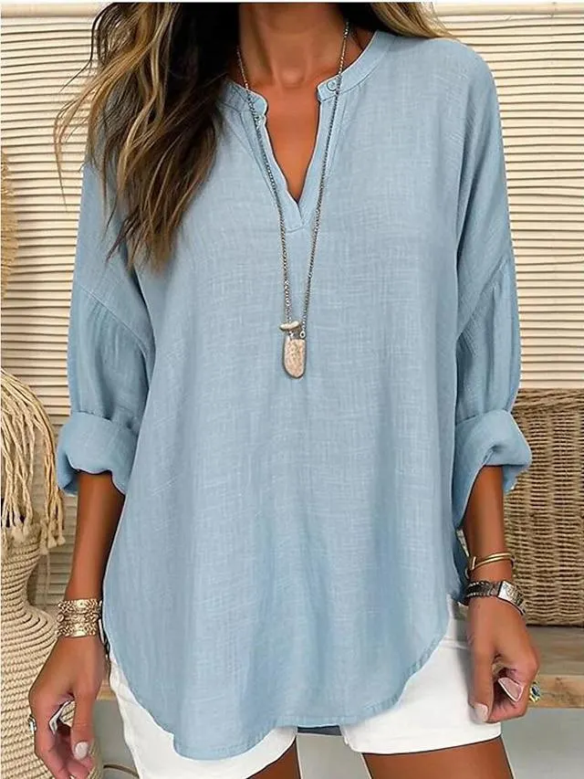 Women's Shirt Blouse Linen Plain Casual Pink Sky Blue Grey Long Sleeve Basic V Neck Regular Fit Spring Fall