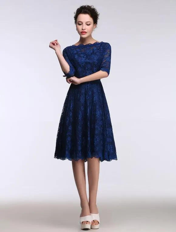 Vestido para la madre de los novios 2024 Azul brillante con escote barco con 1/2 manga