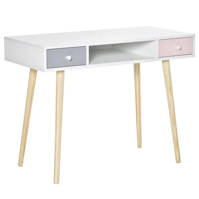 Escritorio Infantil HOMCOM Madera de Pino, MDF Blanco, Rosa, Gris, Madera Natural 100x48x76.5 cm 312-042PK