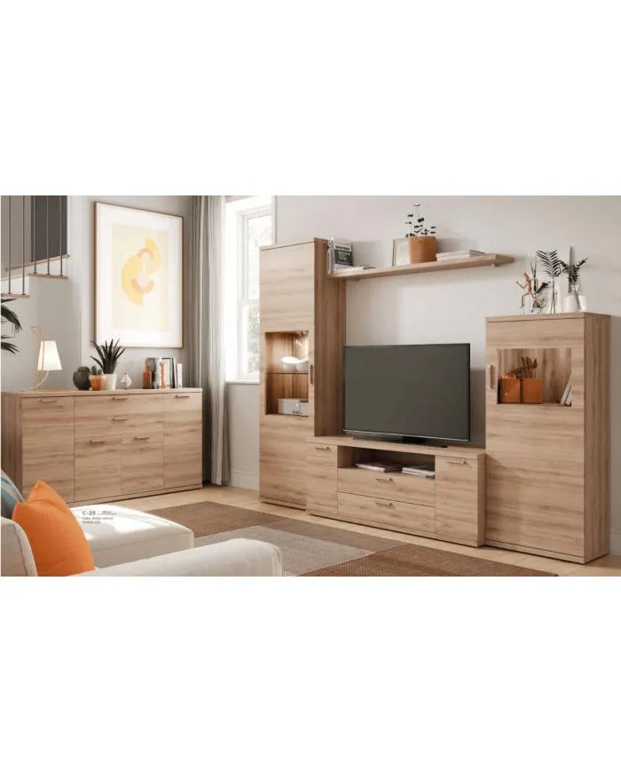 Salón en roble natural perfecto para espacios reducidos