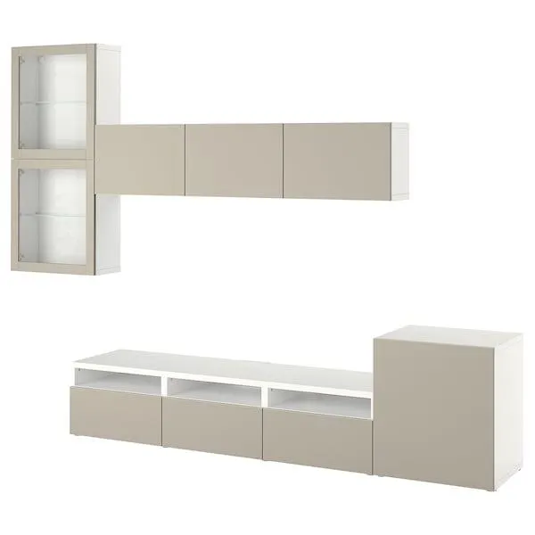 Mueble TV puertas vidrio, blanco Lappviken/beige grisáceo vidrio incoloro,