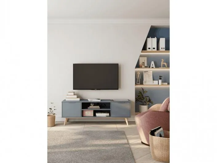 Mueble tv 2 puertas y 2 huecos color verde kaki-cera blanca