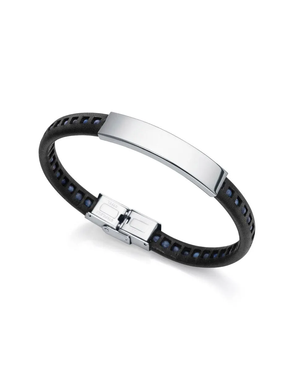 Pulsera Beat de acero con piel negra y piedras de sodalita