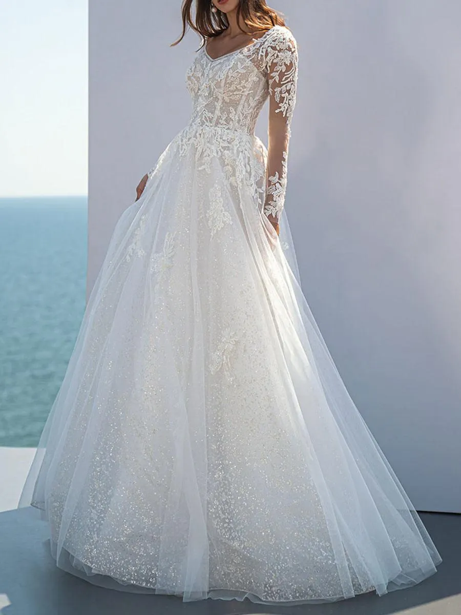 Vestido de novia sencillo de color marfil con tren de poliéster con cuello en V de manga larga de encaje A-Line vestidos de novia personalización gratuita