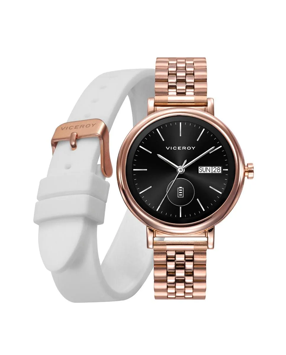 Smartwatch de acero Ip rosa y brazalete con correa de caucho blanco de recambio
