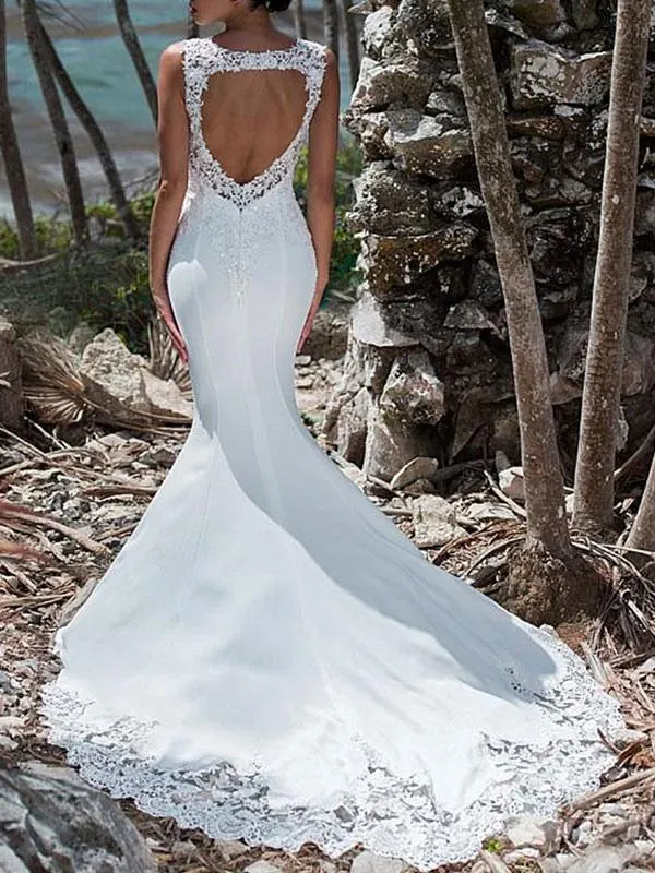 Vestido de novia 2024 sirena encaje joya cuello sin mangas espalda ahueca hacia fuera vestidos de novia con tren