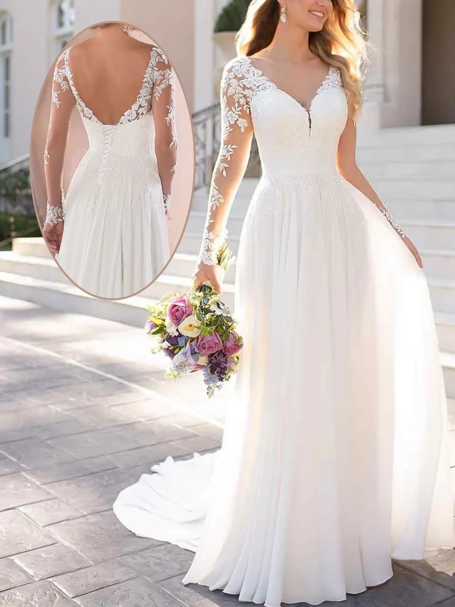 Vestido de novia simple blanco A-LINE Cuello en V manga larga sin espalda Vestidos de novia de encaje de poliéster