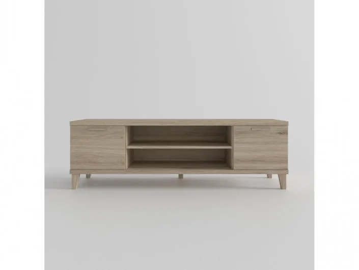 Mesa tv. 2 puertas y huecos con patas inclinadas color roble de 180 cm.