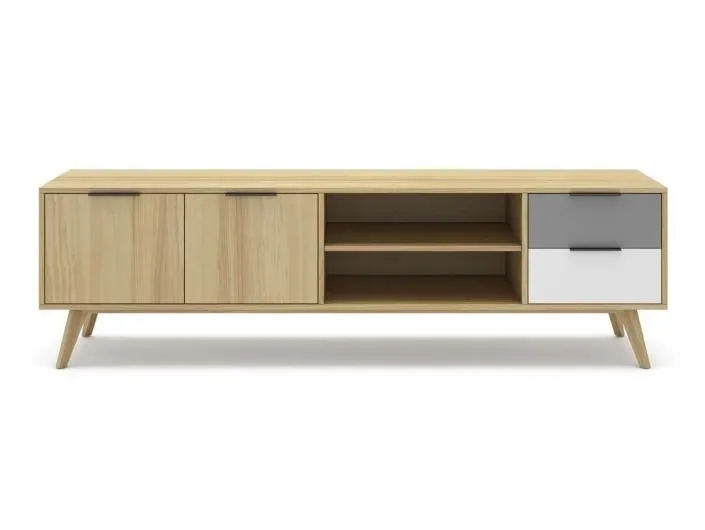 Mueble Tv con 2 puertas y 2 cajones color roble gris claro-blanco