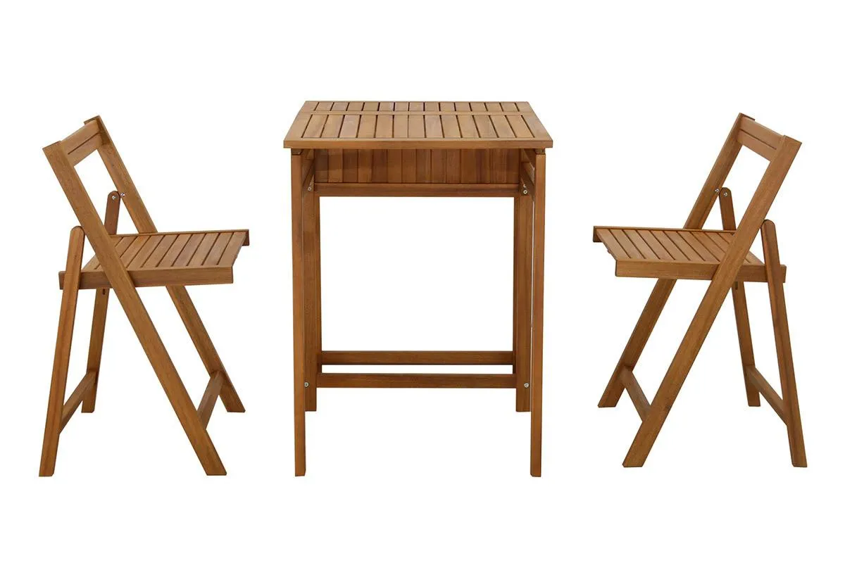 Conjunto de 2 sillas plegables y 1 mesa de balcón abatible con almacenaje de madera maciza PRADO