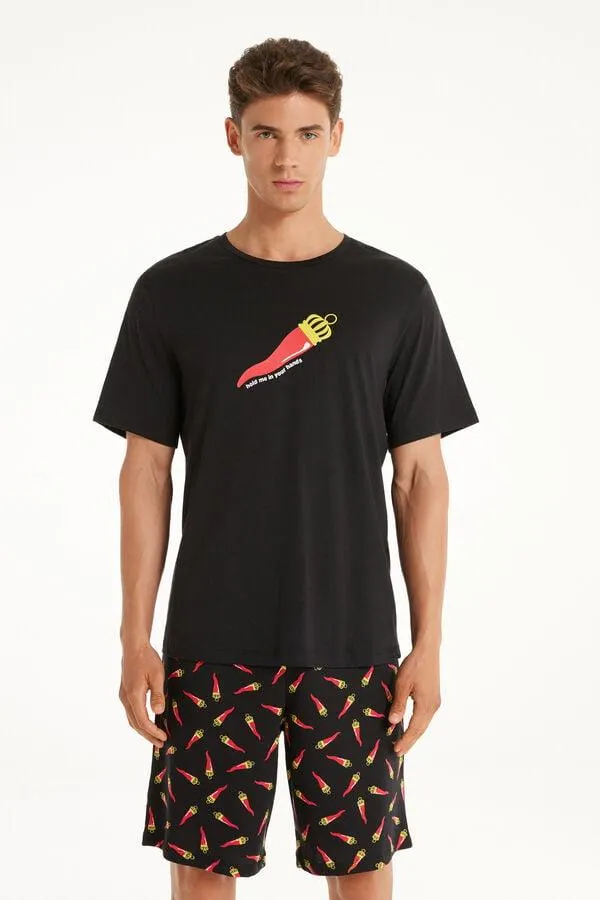 Pijama Corto de Algodón con Estampado de Cuernos de la Fortuna