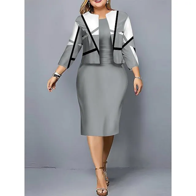 Vestido casual curvo de talla grande para mujer, conjunto de vestido negro, vestido de dos piezas, vestido midi con bloques de color geométrico, estampado de manga larga, cuello redondo, moda al aire