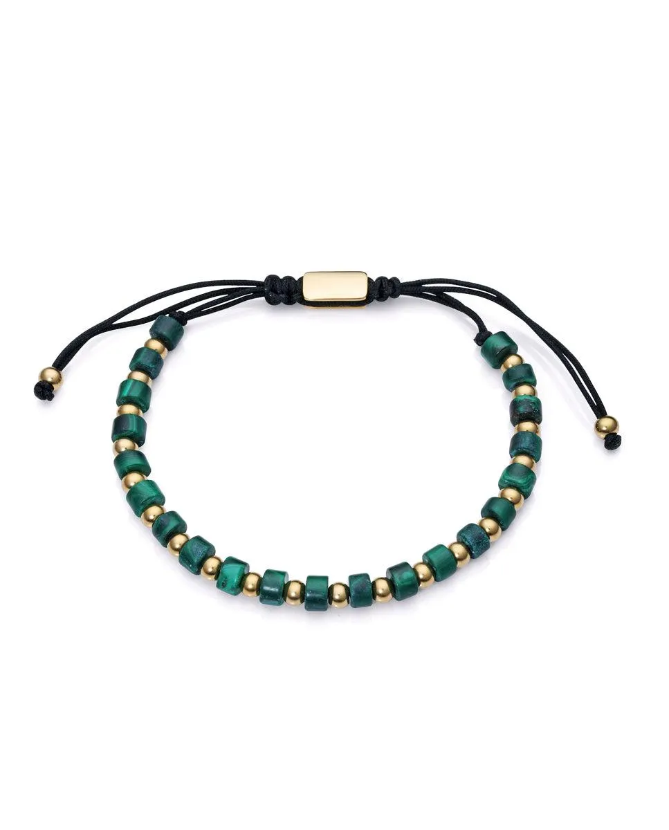 Pulsera Magnum en acero con malaquita y bolas en Ip dorado