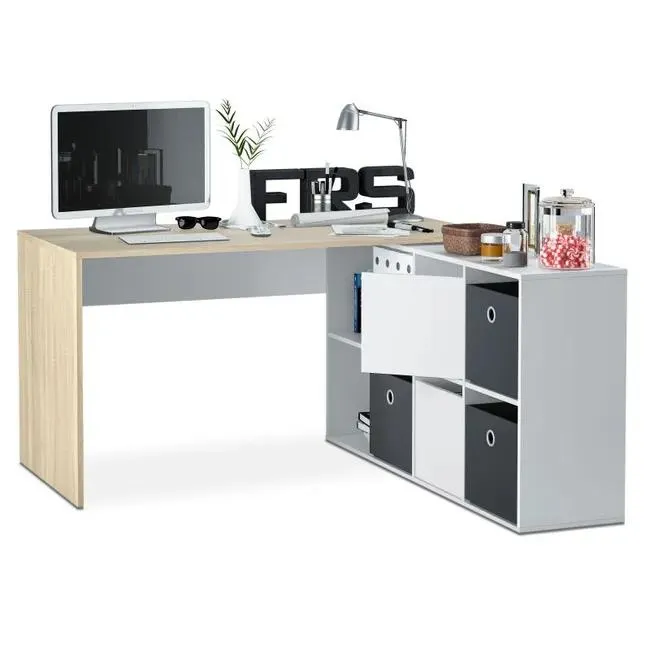 Mesa de escritorio Adapta XL Blanco Artik (Blanco Mate) - Roble Canadian 136/203 x 74 x 66/139 cm