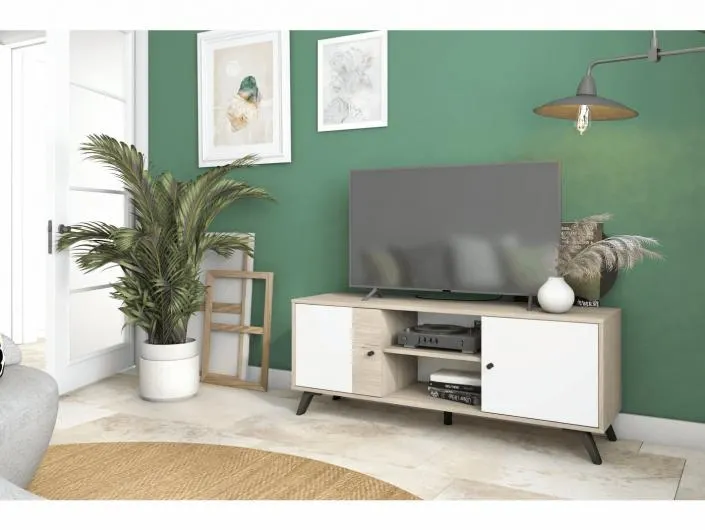 Mueble tv con puertas y huecos color sahara-blanco mate