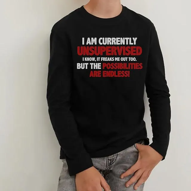 Niños Chico Navidad Camiseta Tops Tee Letra Manga Larga Cuello redondo Los niños parte superior Casual Diario Otoño Invierno Negro 7-13 años