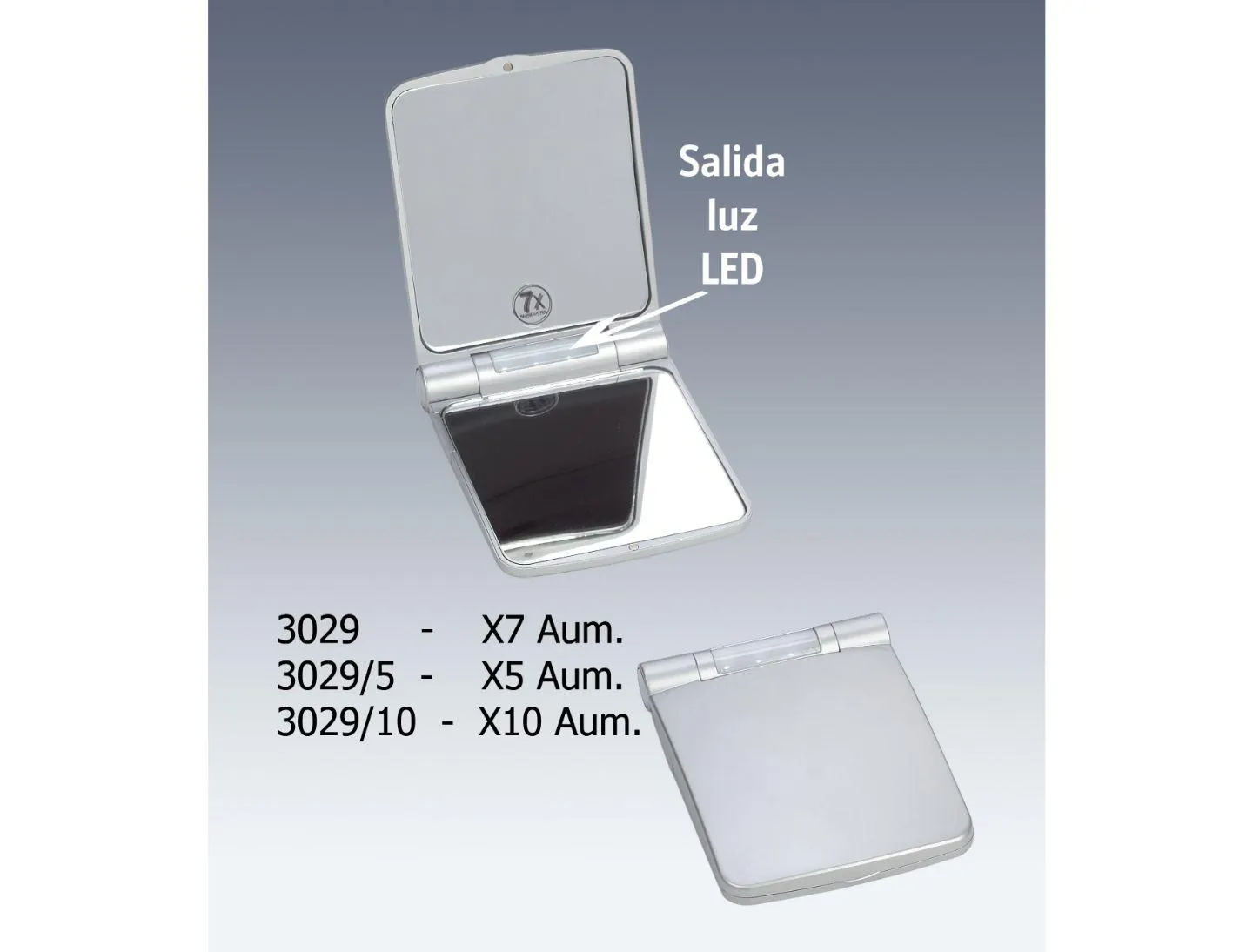 ESPEJO MANUAL CON LED PLATA