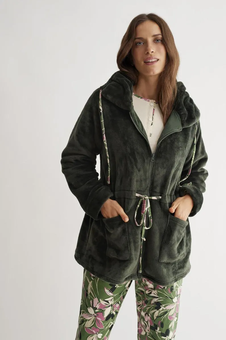 PIJAMA 3 PIEZAS PANTALÓN LARGO PUÑO Y , CAMISETA MANGA LARGA MODAL/ALGODÓN CON BATA TEJIDO SEDALINA CON CREMALLERA