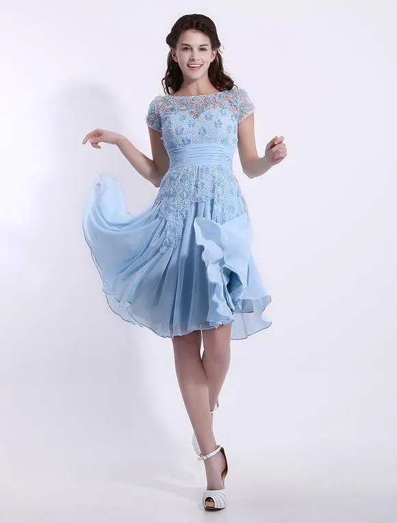 Vestido de damas de honor de chifón Azul claro con escote ovalado con manga corta de encaje hasta la rodilla Milanoo