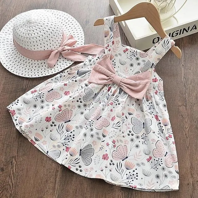 niños pequeños niñas vestido plantas flor cumpleaños arco estampado rosa hasta la rodilla sin mangas dulces vestidos acción de gracias verano ajuste regular 2-6 años