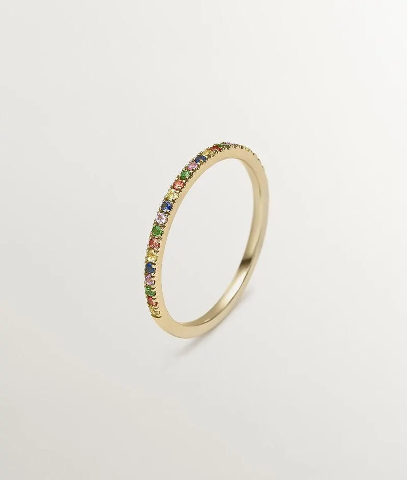 Anillo de oro amarillo de 9K con tsavoritas y zafiros multicolor