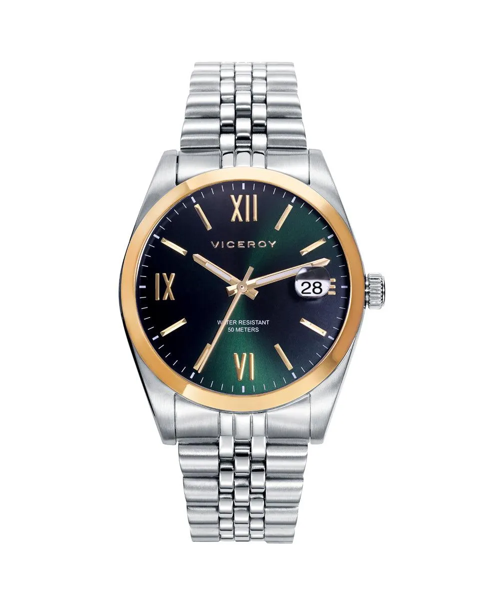 Reloj de hombre Chic de acero con esfera verde y bisel IP dorado