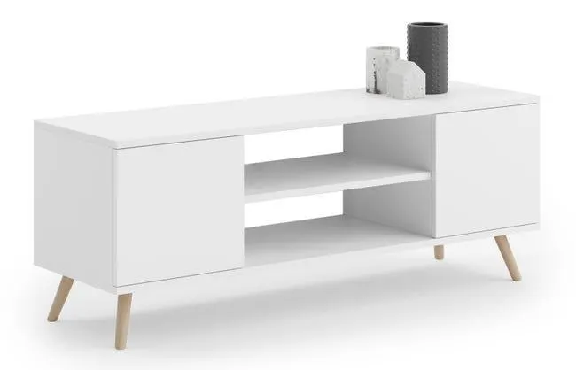 Mueble de TV 155 cm Color Blanco– Estilo Escandinavo con Estante Central y 2 Puertas, Armarios con Cerradura y Patas Madera, 155x40x50 Cm