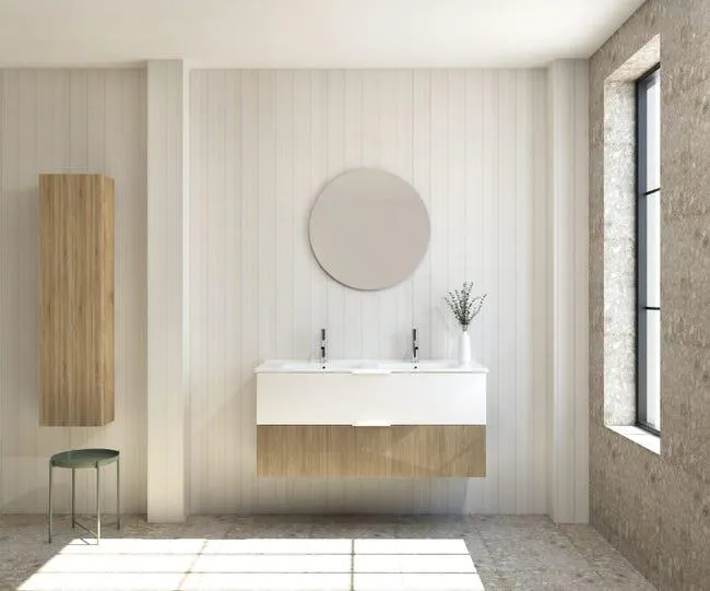 Mapau Pack Mueble de baño con lavabo doble y espejo redondo SAVART blanco mate - alcatraz 120cm