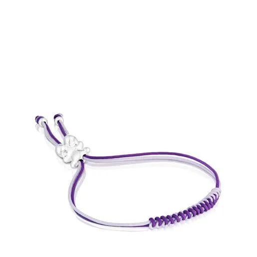 Pulsera de cordón lila y malva con oso de plata Bold Bear