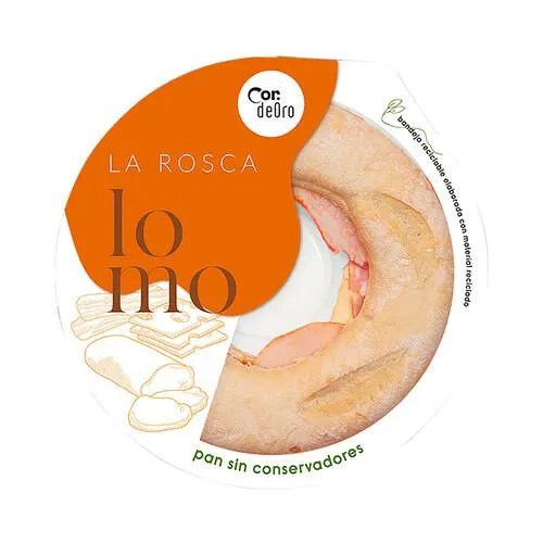 DEORO Rosca con pan rústico relleno de lomo adobado cocido, fiambre de bacon, queso y salsa de tomate 480 g.