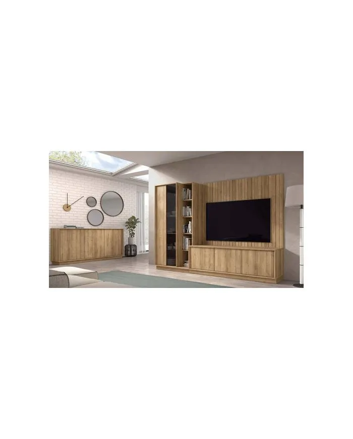 Mueble de salón con panel trasero de listones