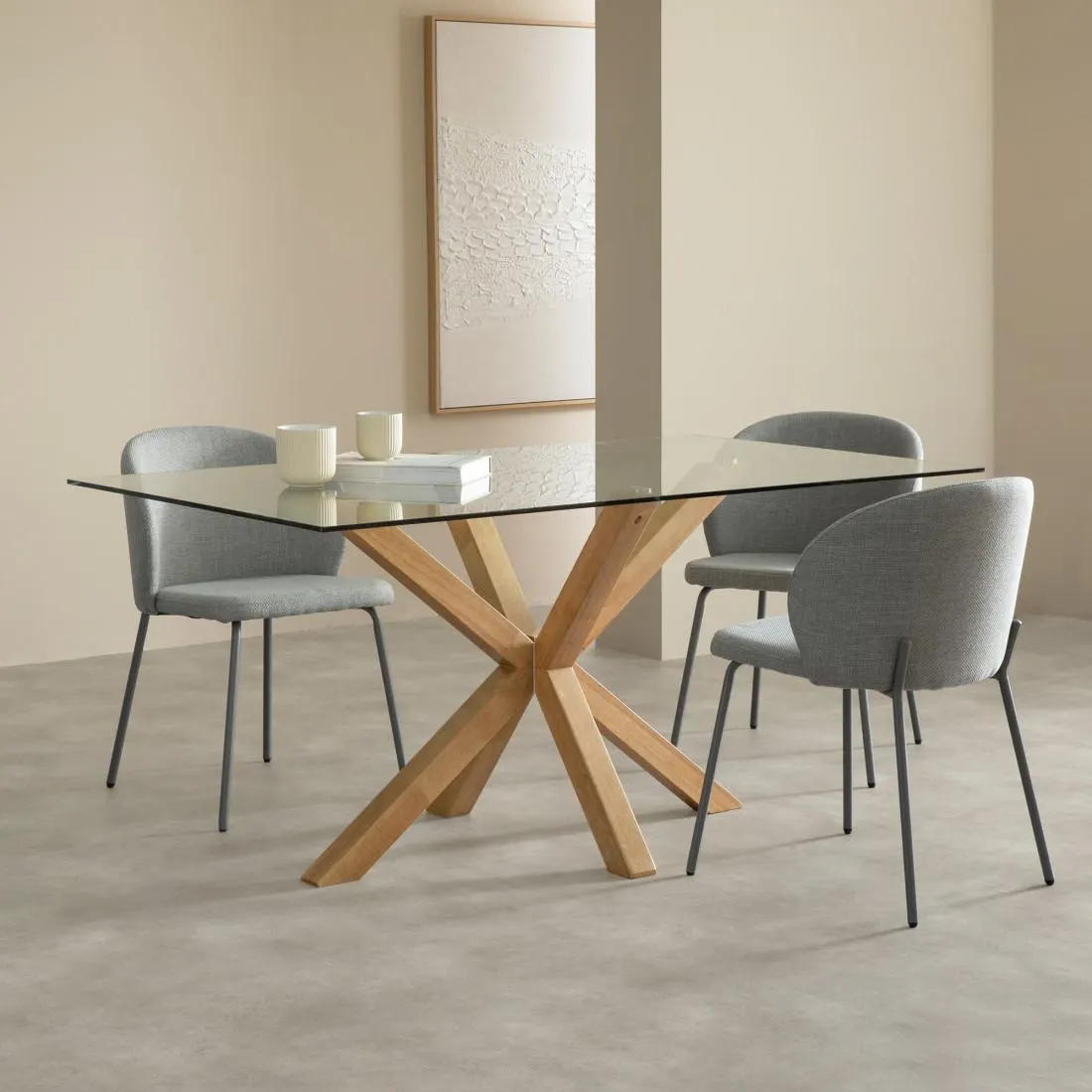 Mesa de comedor rectangular sobre cristal y madera maciza 160