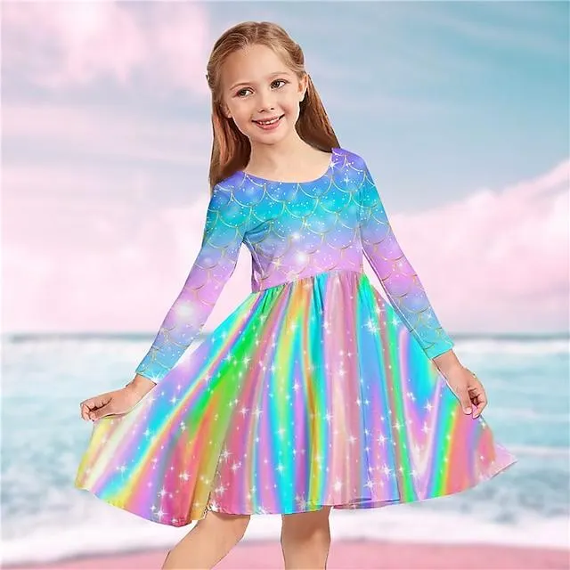 Niños Chica Vestido Arco iris Sirena Manga Larga Casual Cuello redondo Adorable Diario Poliéster Sobre la rodilla Vestido informal Vestido de Columpio Vestido de una línea Otoño Invierno 3-10 años