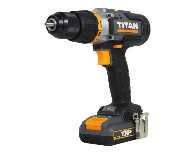 Taladro percutor 1x2Ah con 74 accesorios Titan