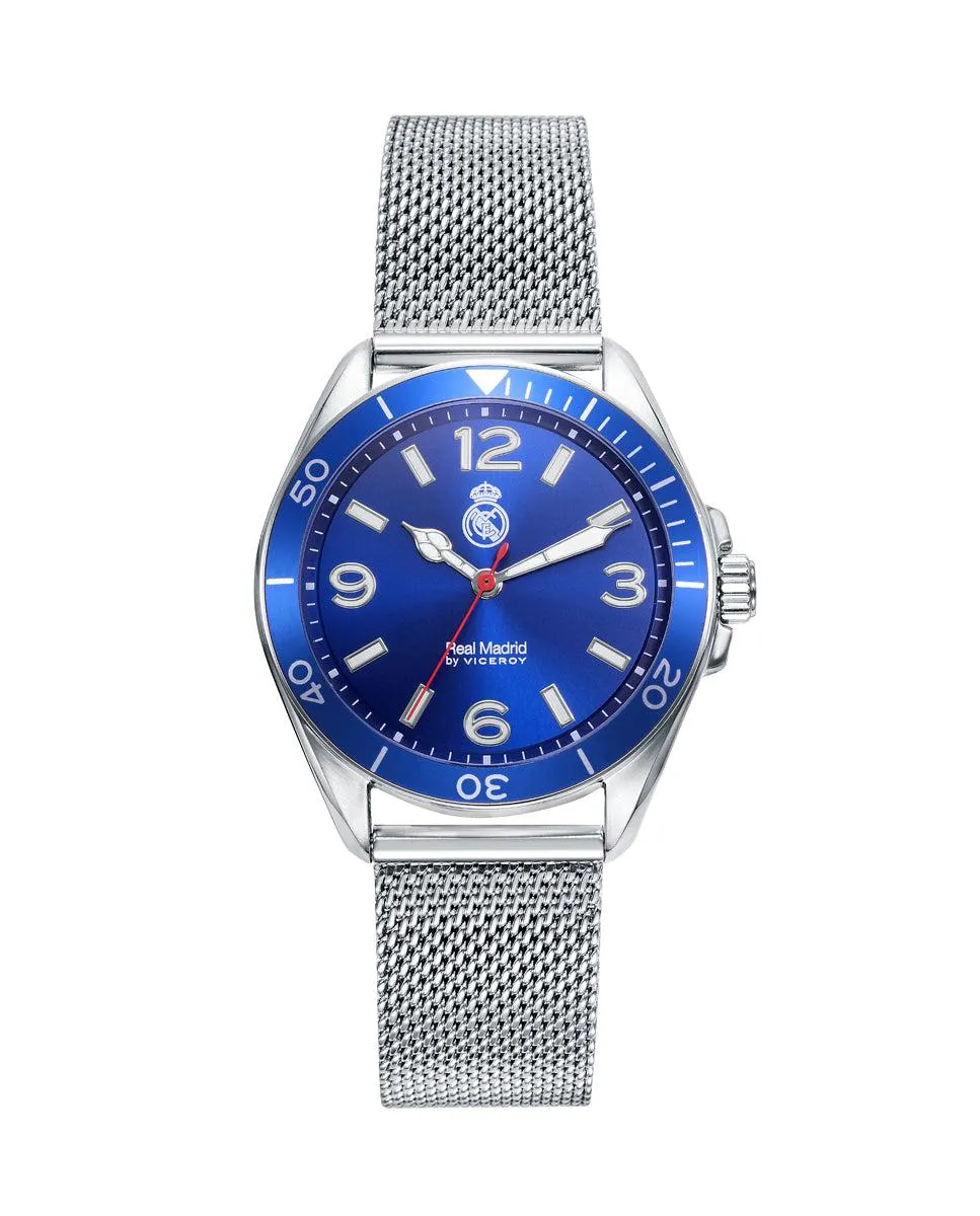Reloj de niño Real Madrid de tres agujas con esfera azul, bisel azul y brazalete de acero