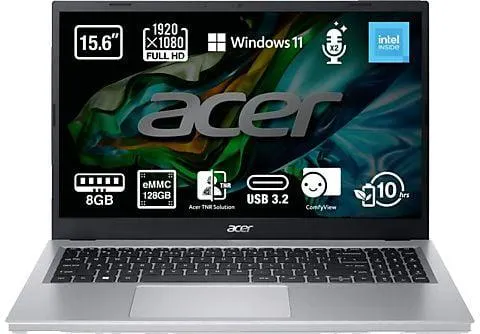 Portátil - Acer A315-510P-C2LA, 15.6" Full HD, Intel®N100, 8GB RAM, 128GB eMMC, Windows 11 Home Modo S (64 Bit)