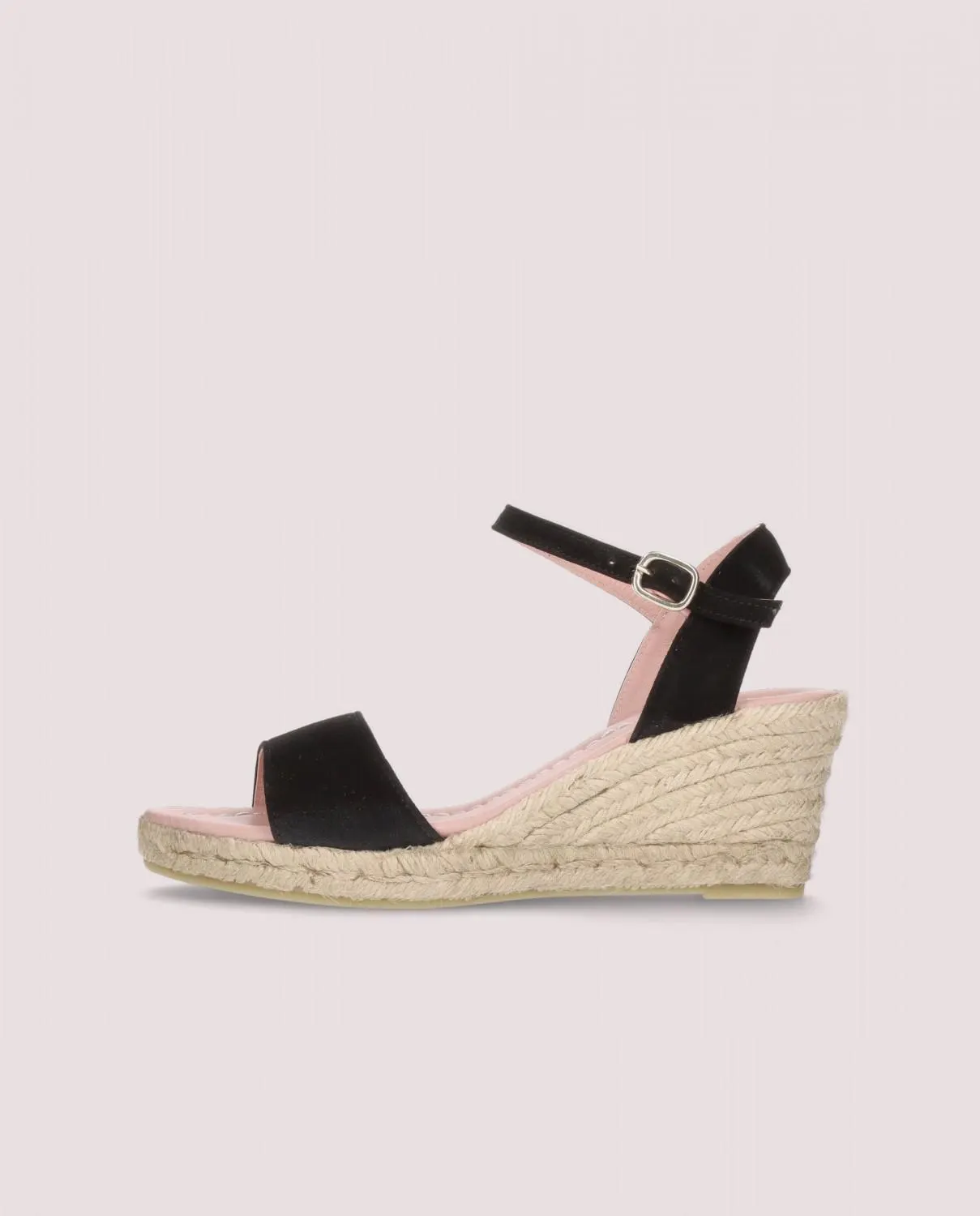 Alpargata modelo Deborah con pulsera en el tobillo en ante negro con suela de goma, plantilla de piel y tacón de 6 cm