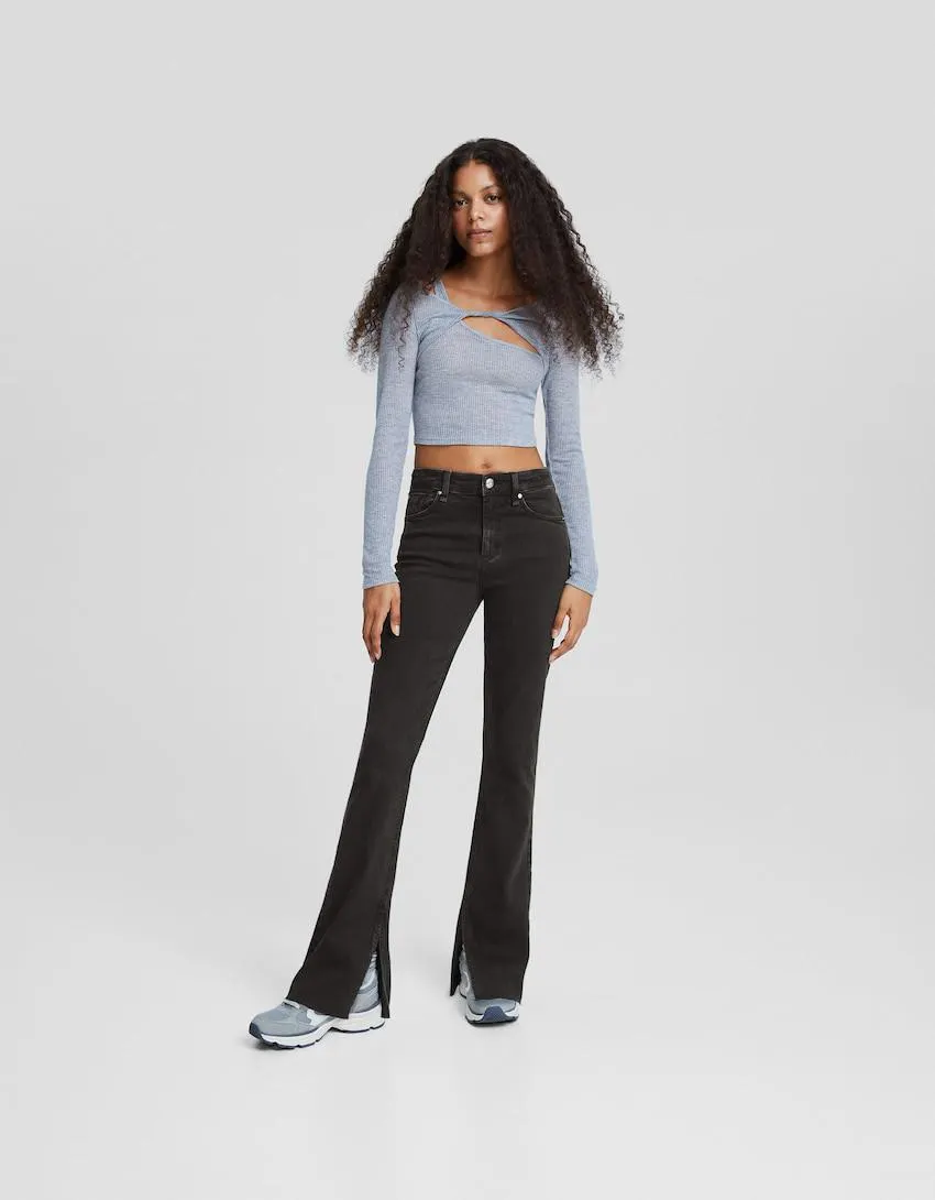 Cotton blend straight fit trousers with split hems