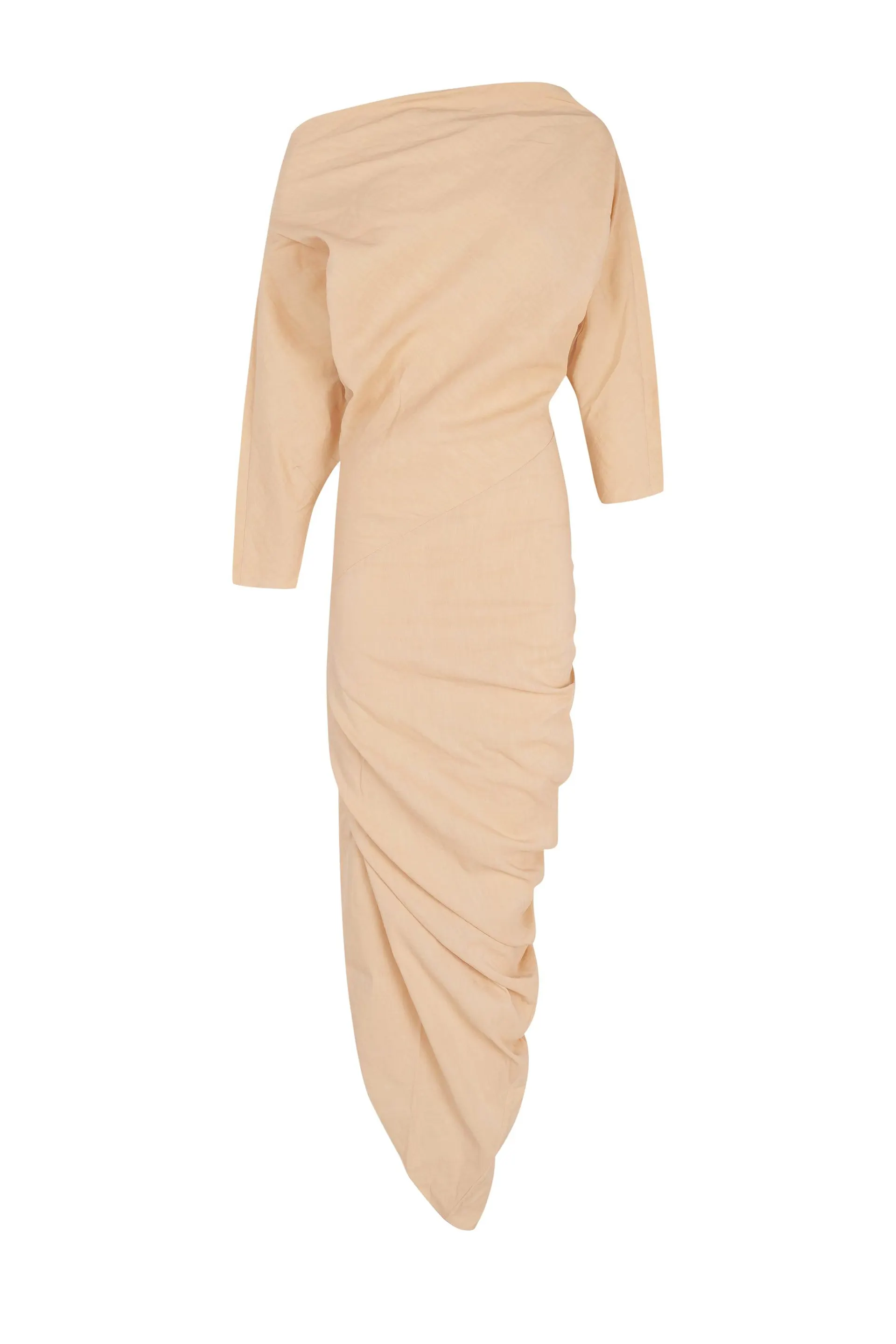 Mira, vestido asimétrico en cáñamo stretch melocotón claro