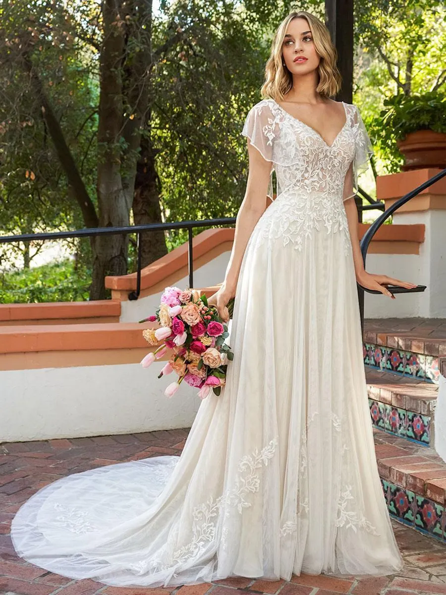 Vestido de novia simple 2024 Encaje con cuello en V Sin mangas Encaje A-Line Vestidos de novia Personalización gratuita