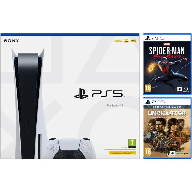 PlayStation PS5 stand con Spiderman Miles Morales y Uncharted Legado de los Ladrones
