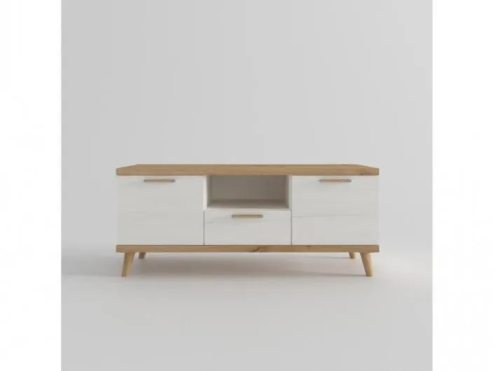 Mesa tv. 2 puertas,hueco y 1 cajón con patas redondas color artisan-polar de 120 cm.