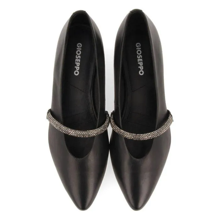 Lamlash women's black leather ballet flats with a rhinestone strap