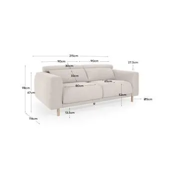 Sofá Singa 3 plazas con cabecero reclinable y asiento extensible blanco 215 cm