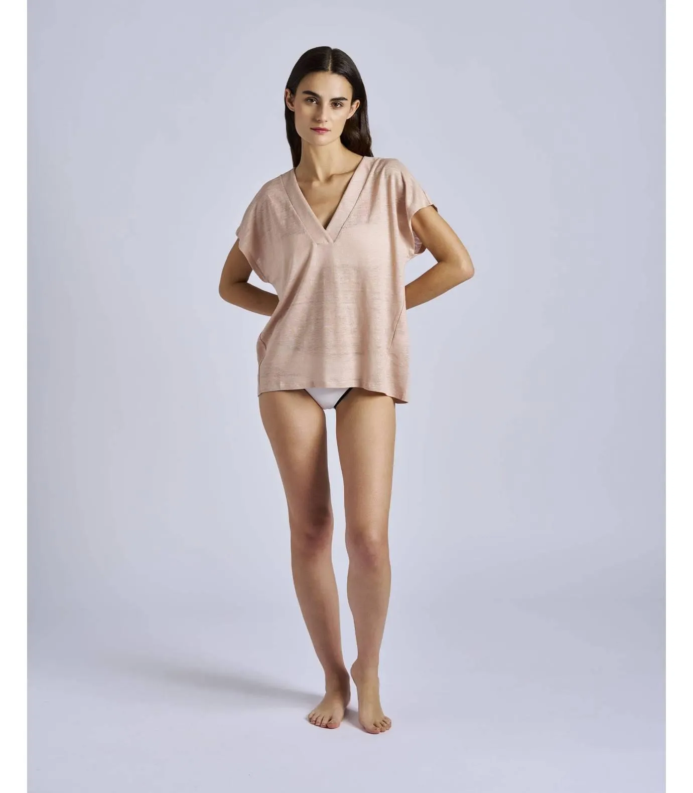 Camiseta de manga corta de punto de lino color nude