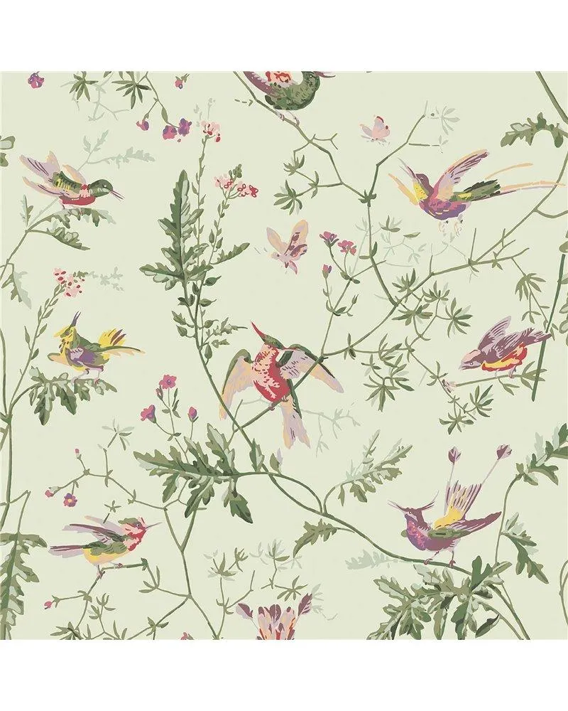 PAPEL PINTADO Hummingbirds Multi Old Olive On Eau Du Nil 100-14070