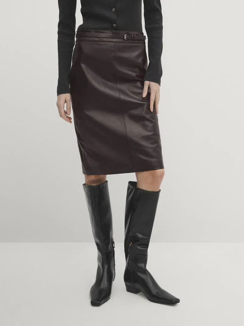 Falda midi piel napa cinturón